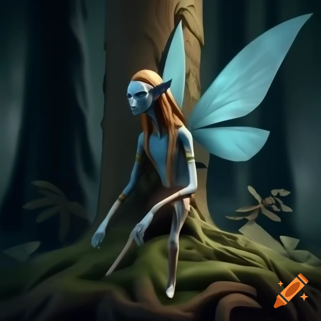 Photorealistic 3D render of a fairy beside a tree in a forest