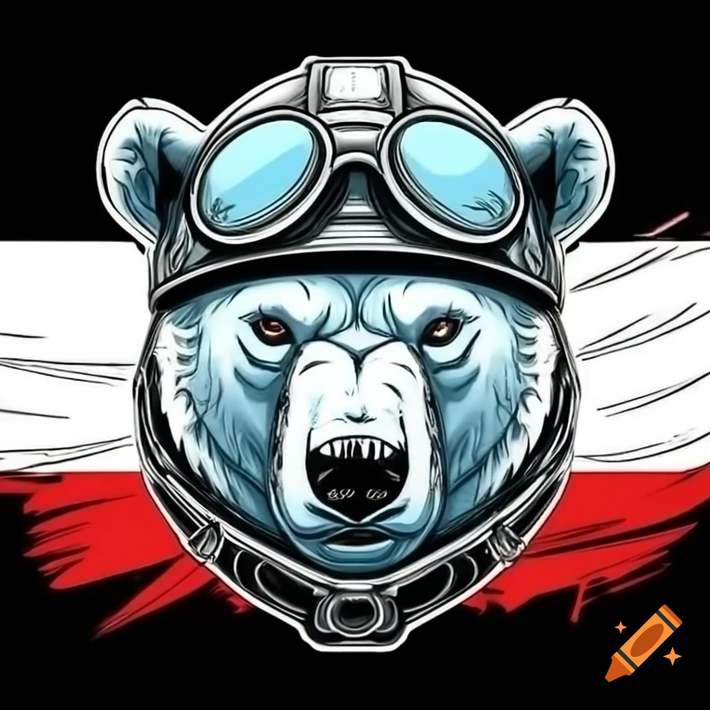Polar bear in biker helmet with Polish flag background