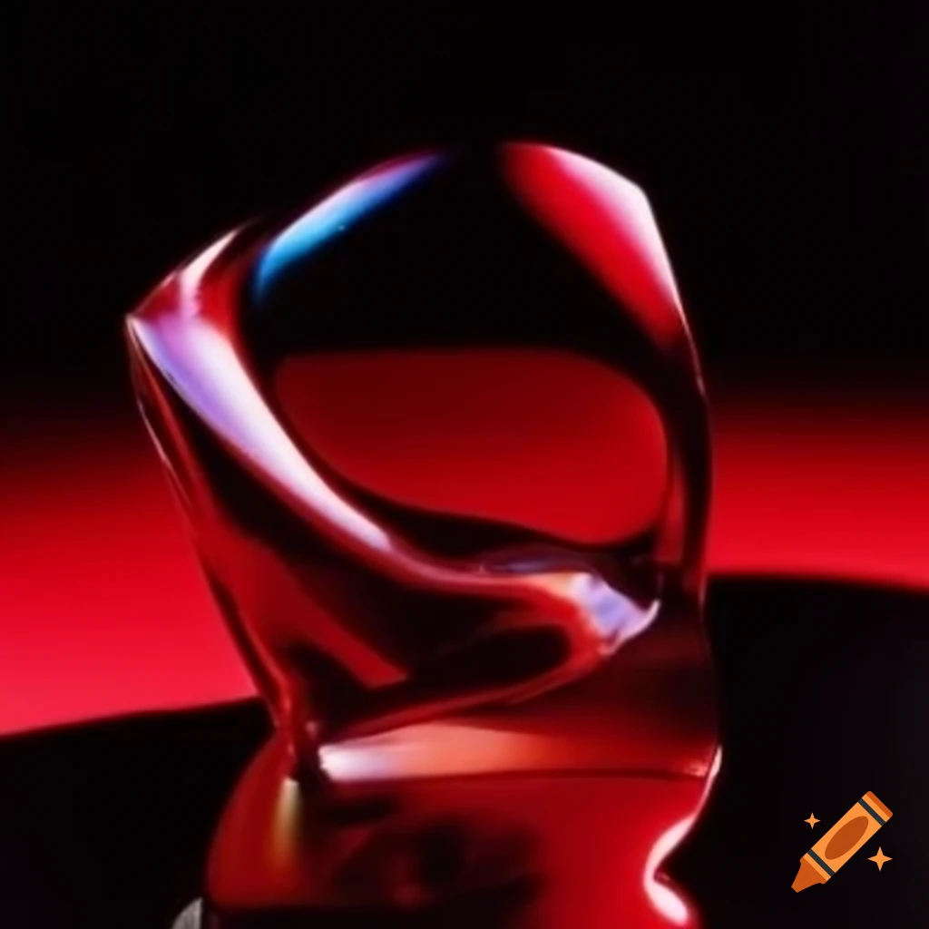 Iridescent red glass statue in pop surreal photography style from 2000s
