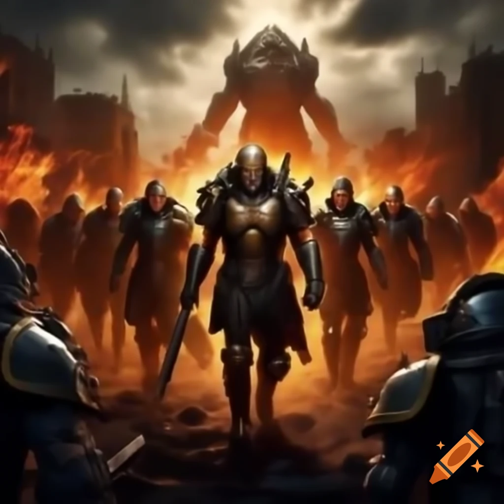 Armored warriors in last stand against apocalyptic flames in urban stronghold