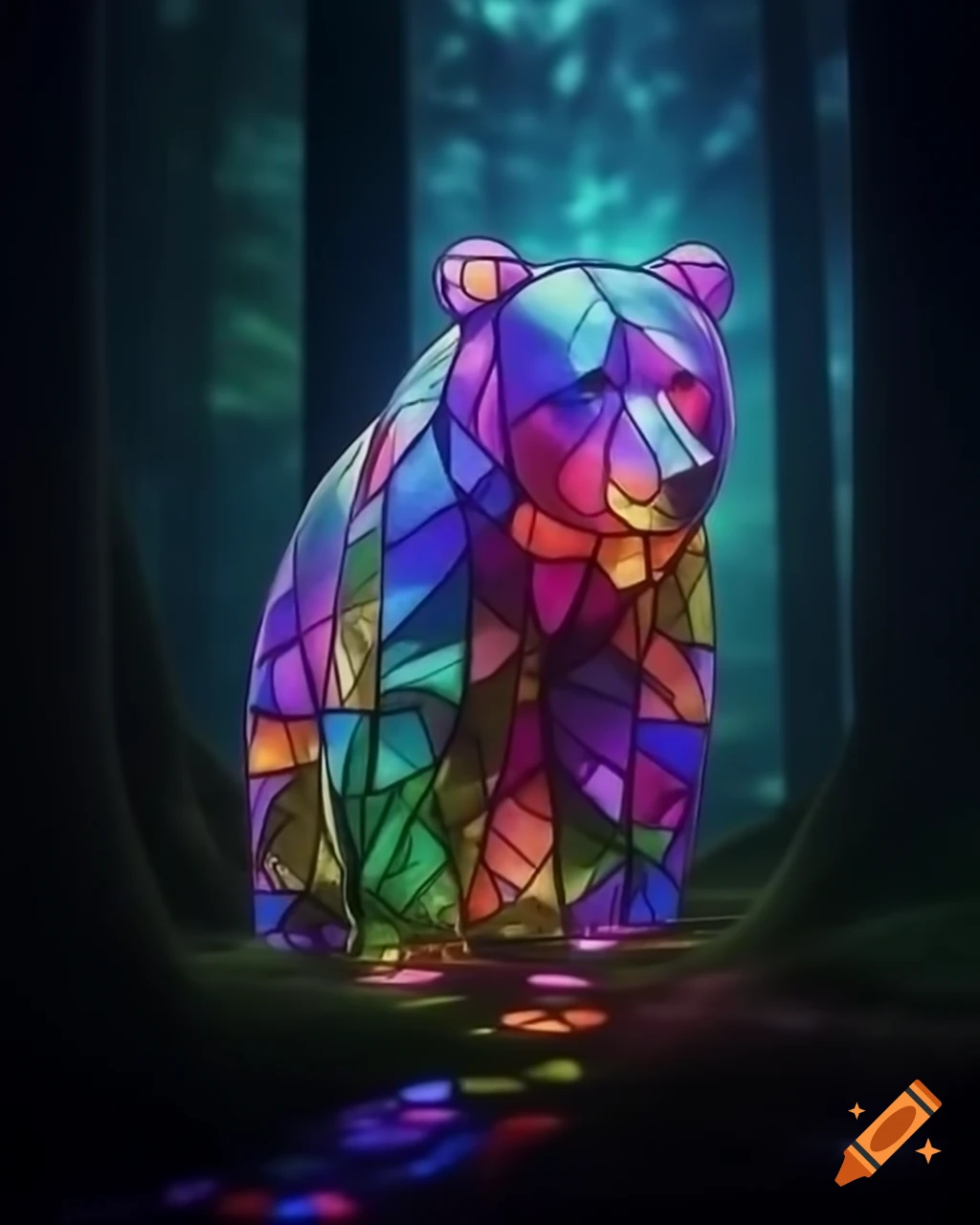 Enchanting forest with stained glass trees and colorful leaves