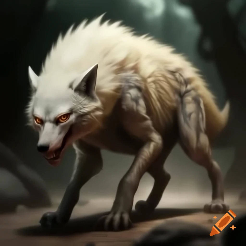 Magnificent four-legged creature with white fur and striped markings, resembling wolf and hyena