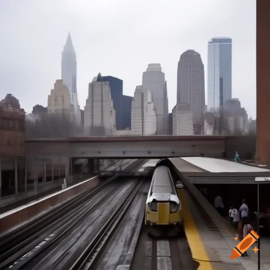 D62A train approaching 74th Street Station among skyscrapers in winter