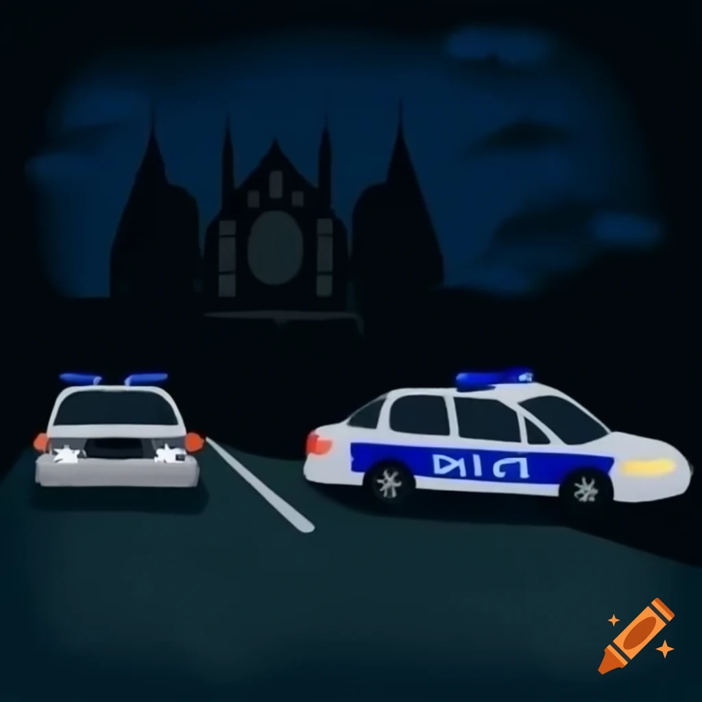 Police cars blocking road to Lovecraft church in gloomy ultradetailed art