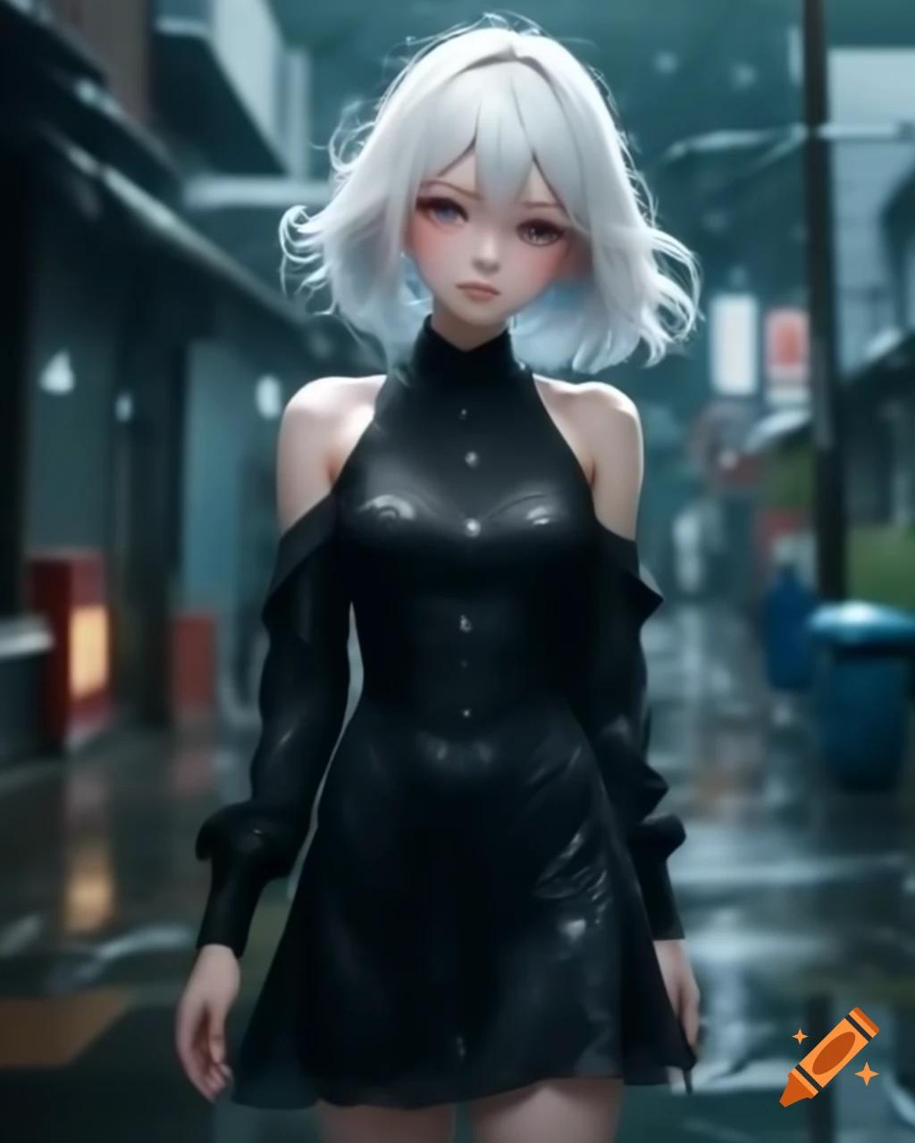 Anime character with white hair in black dress on a rainy day
