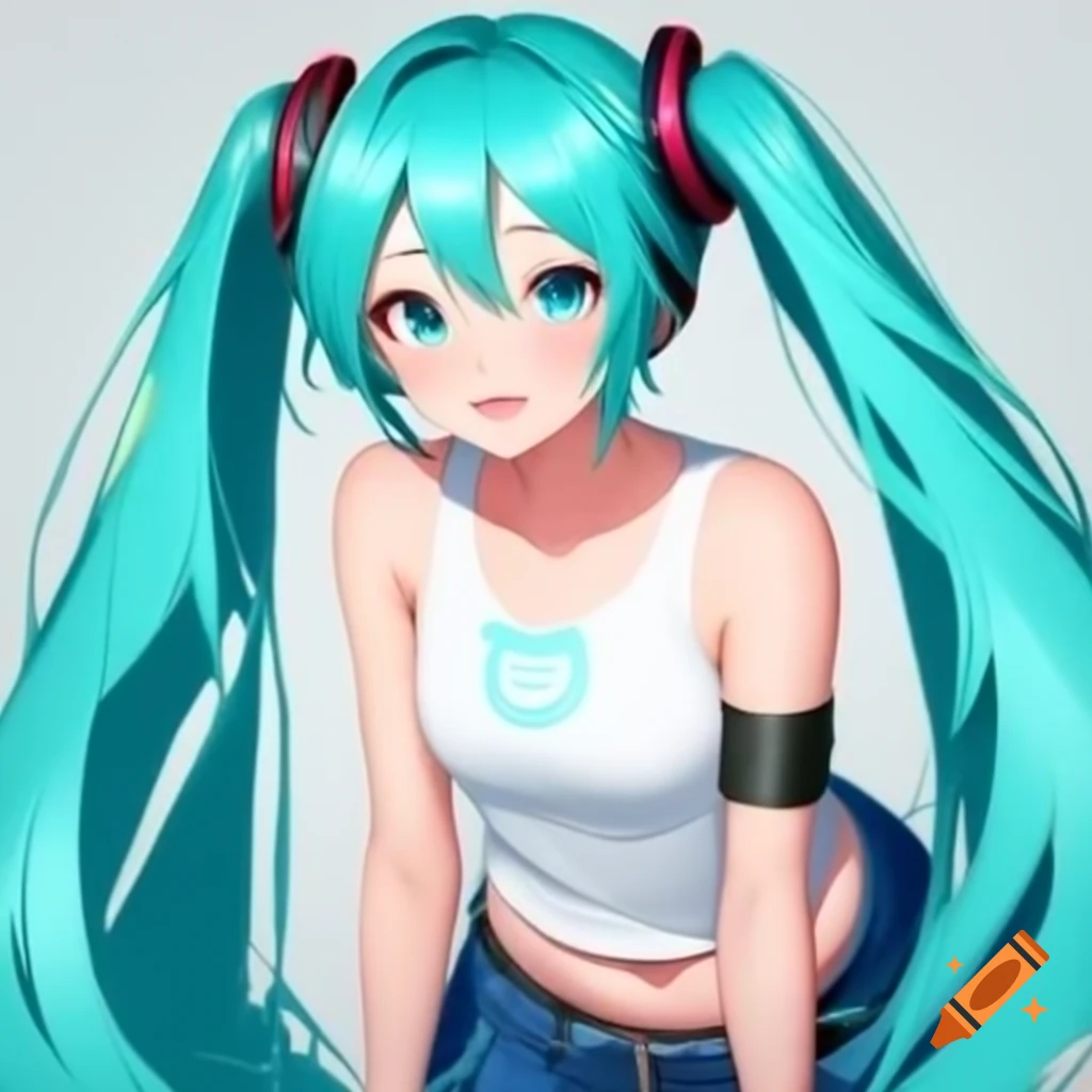 Hatsune Miku in white tank top and blue jeans