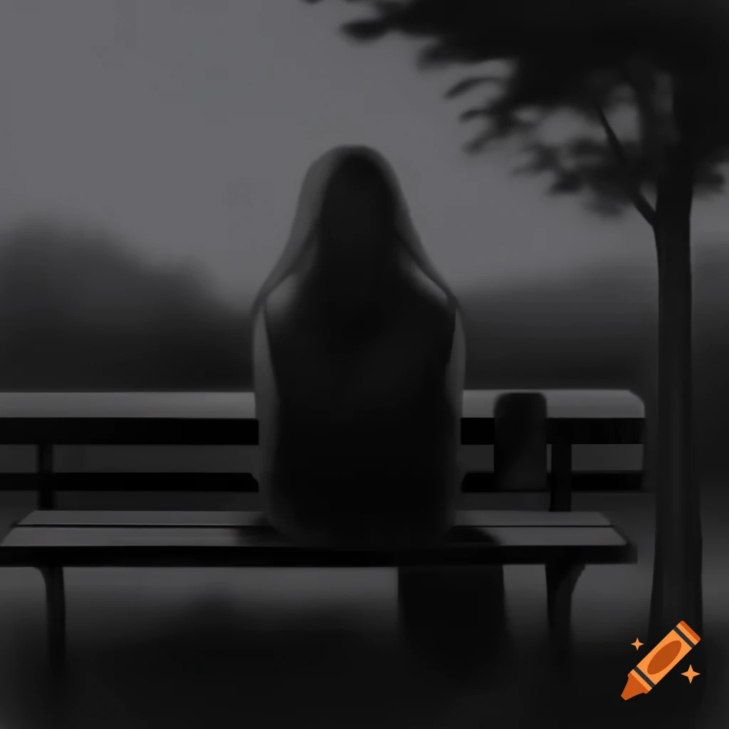 Pencil sketch of person sitting alone on a park bench at dusk with a sorrowful expression
