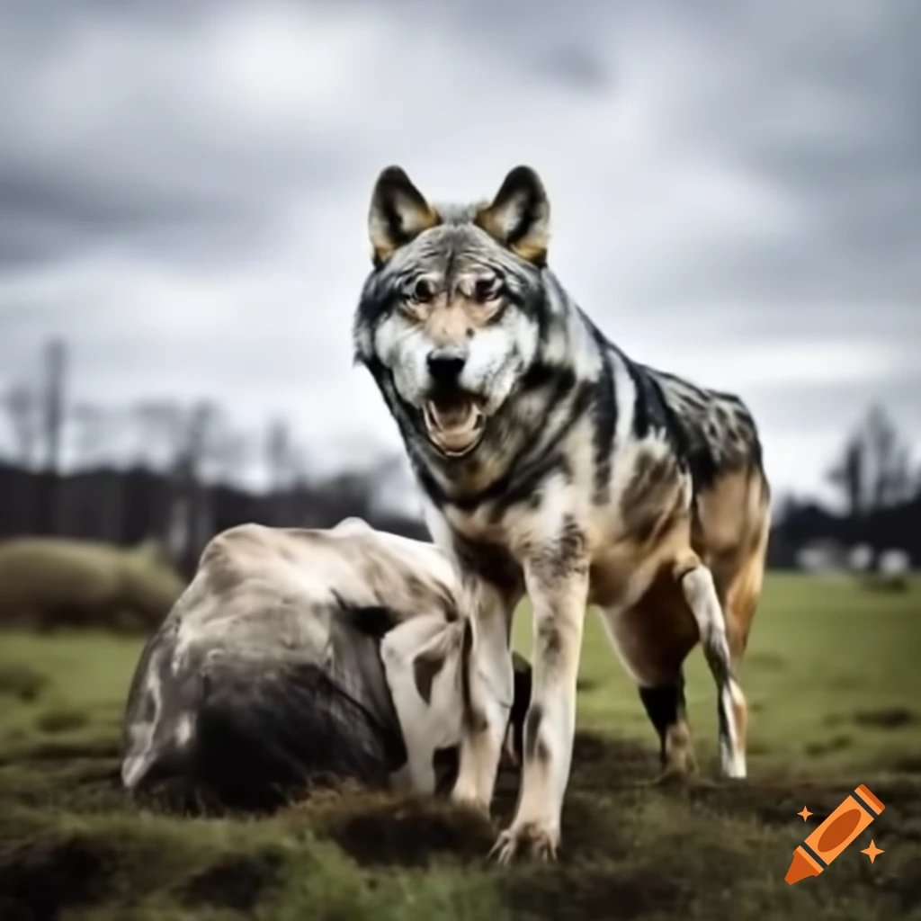 Pack of wolves attacking a cow in a field