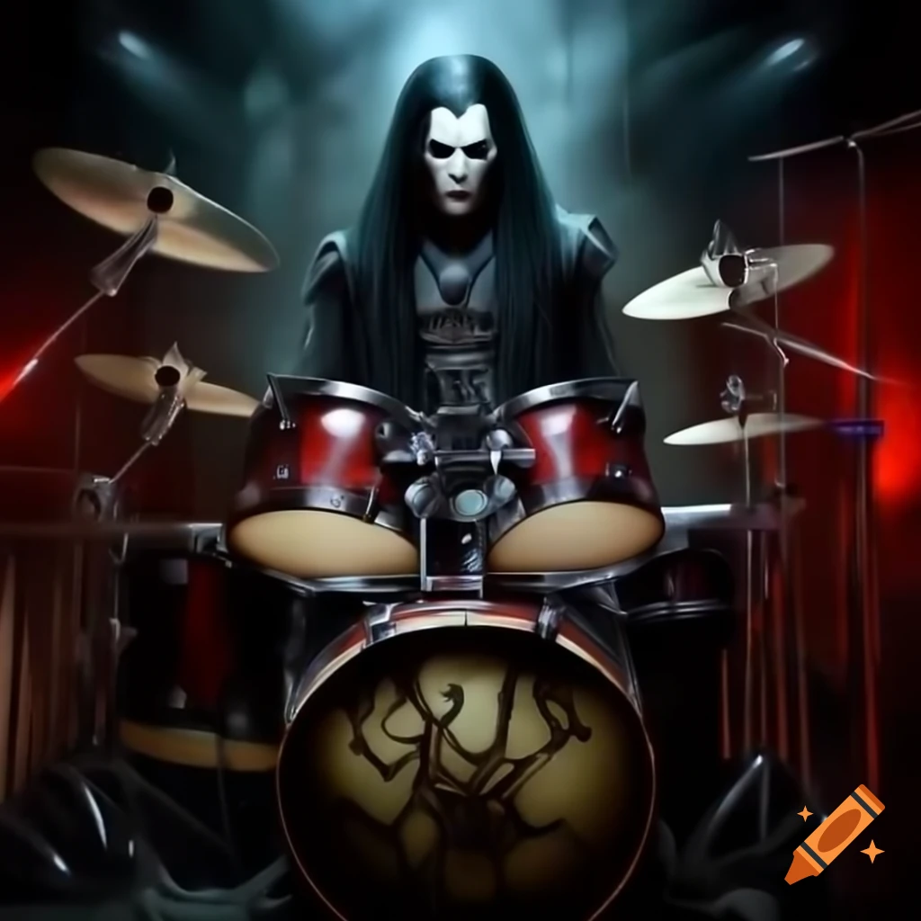 Vampire death metal drummer with long black hair playing massive drum set from overhead perspective