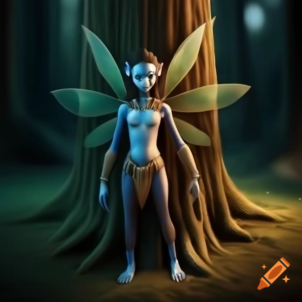 Photorealistic 3D render of a fairy beside a tree in a forest