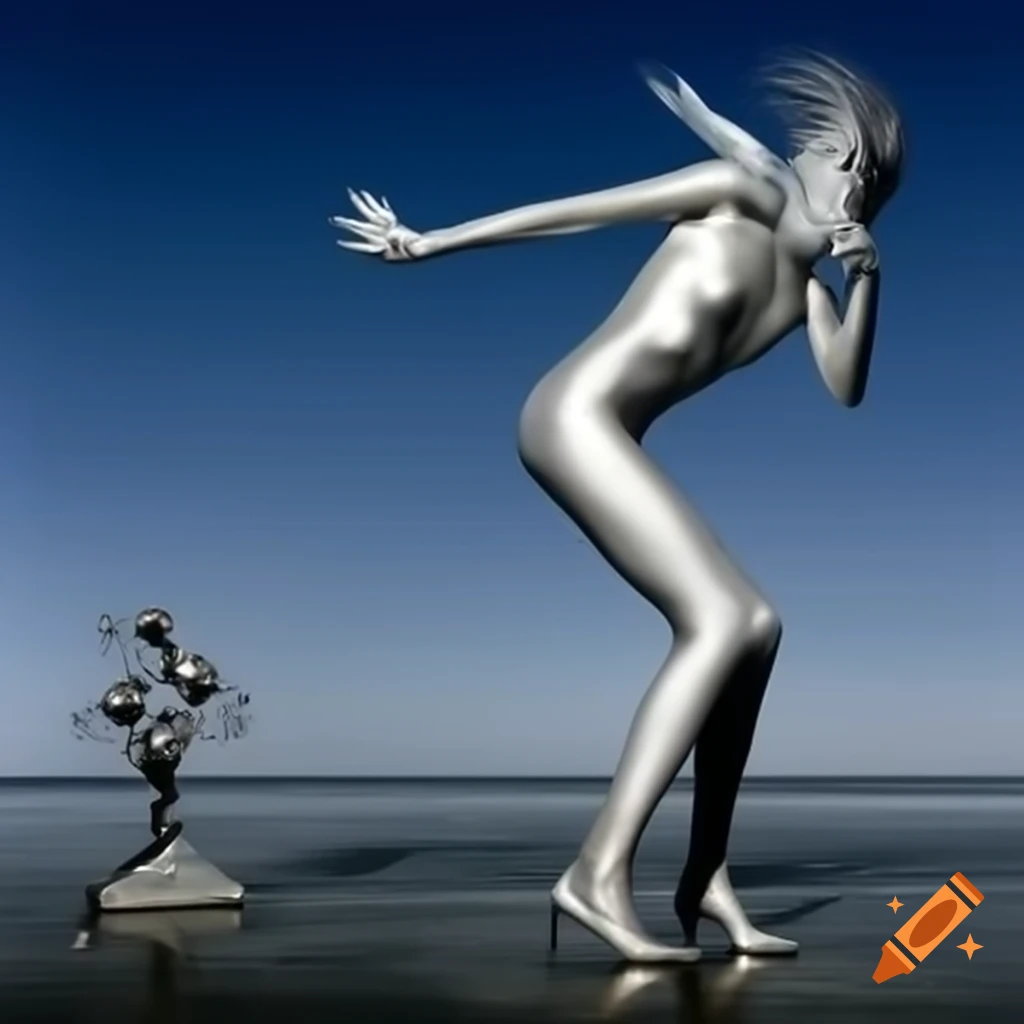 Pop surreal photography featuring a silver statue from the 2000s