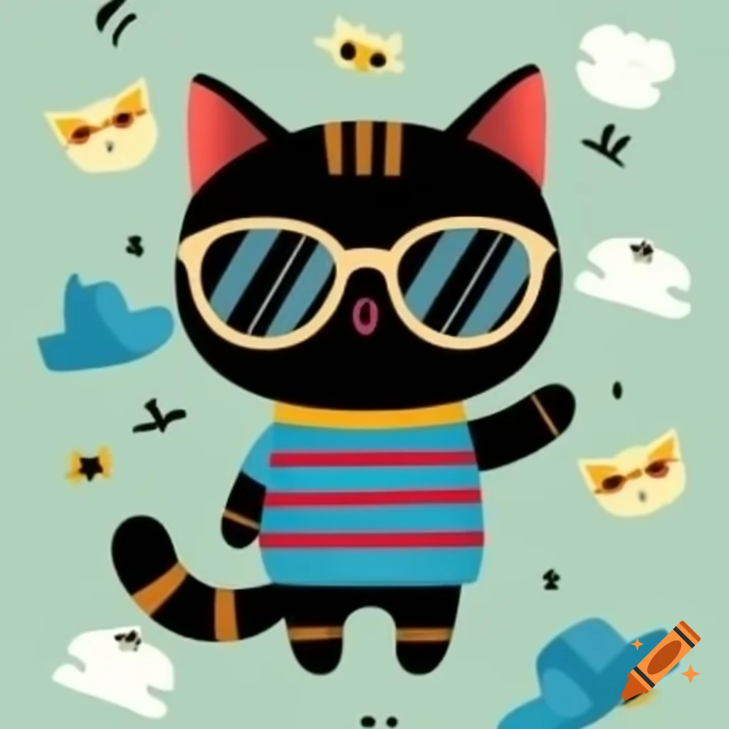 Cartoon art of black cat with pyjama stripes and sunglasses