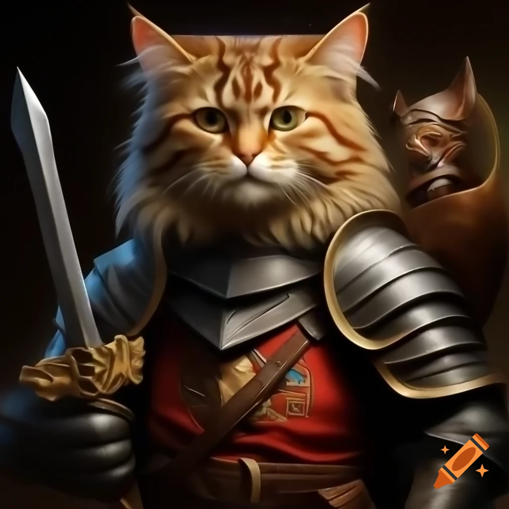 Furry cat in shining knight armor with toy sword ready for adventure