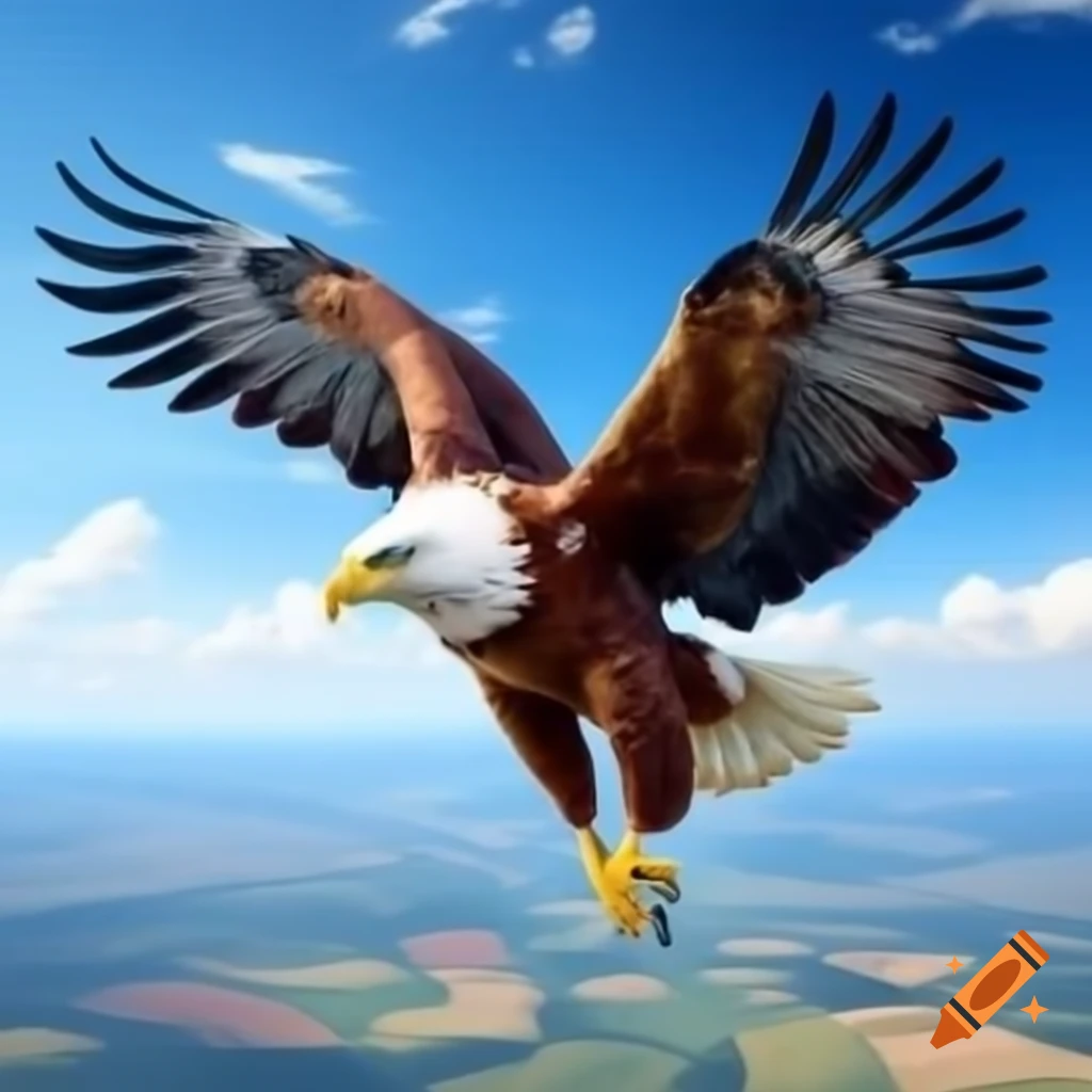 Yellow eagle soaring above Hungarian countryside with outstretched wings