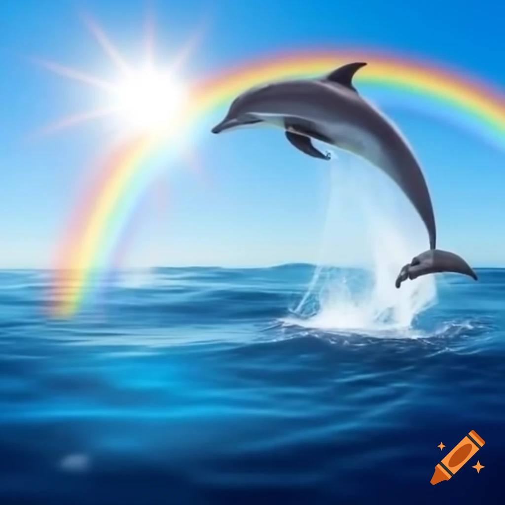 Dolphin leaping in ocean with rainbows and sun shining in the background