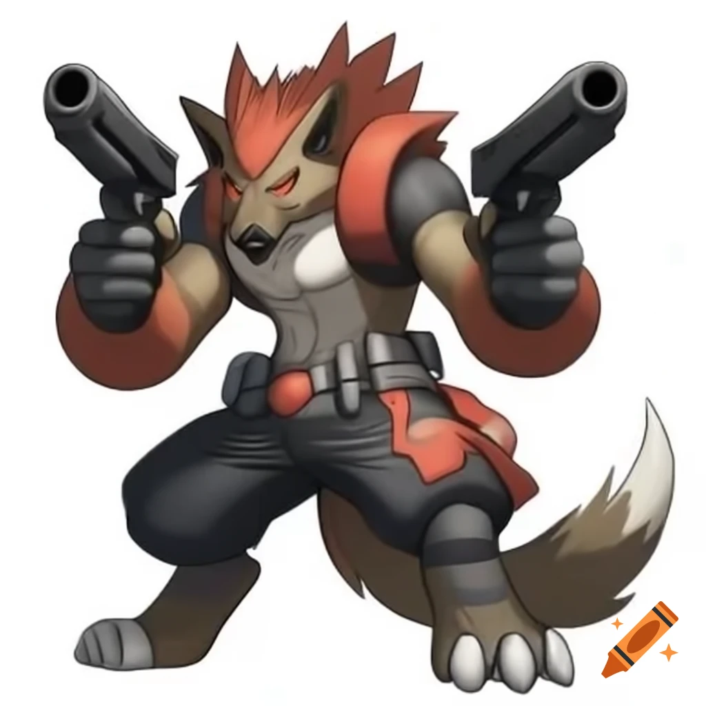 Fierce wolf-like Pokémon with firearms for arms in Sugimori art style