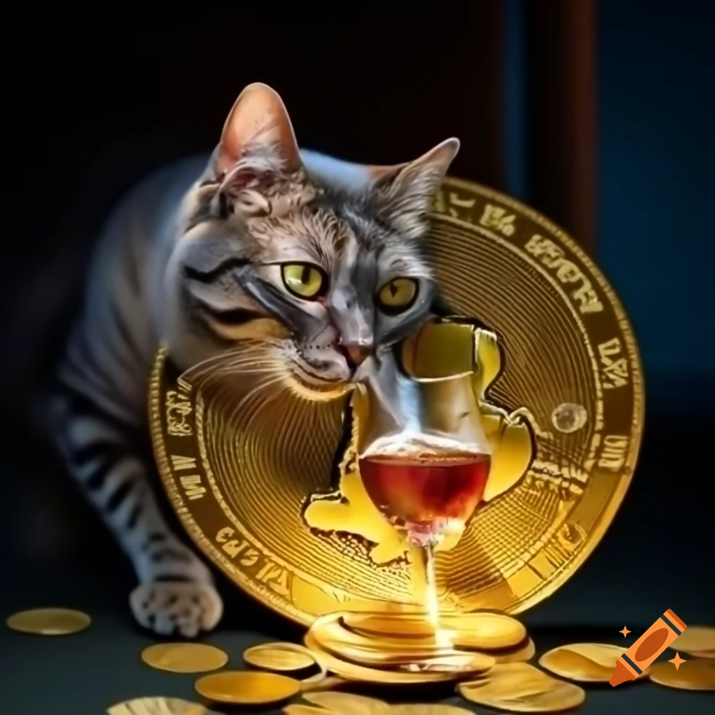 Cat with glass of wine on golden bitcoin coin