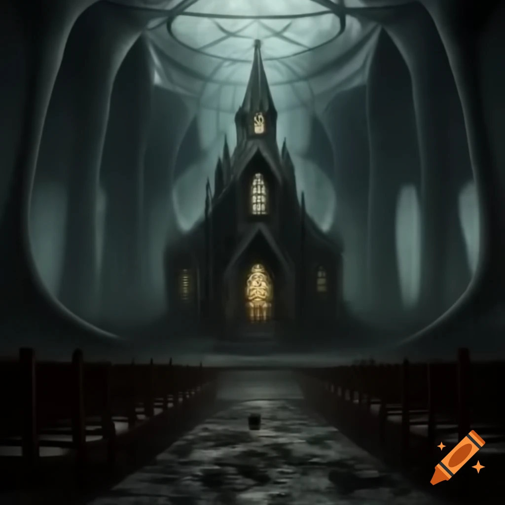 Gloomy church scene inspired by Lovecraft with military elements