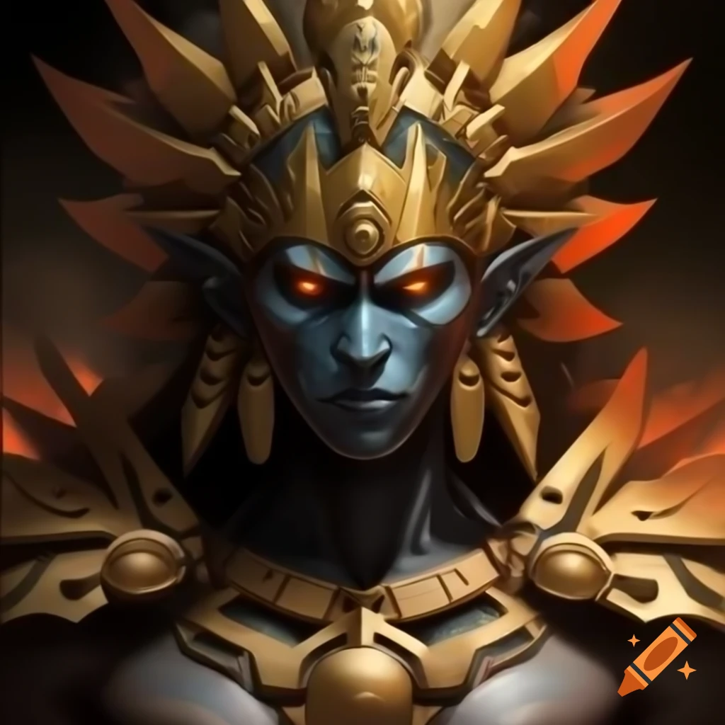 Aztec warrior in golden armor with blue skin and fiery aura, anime style