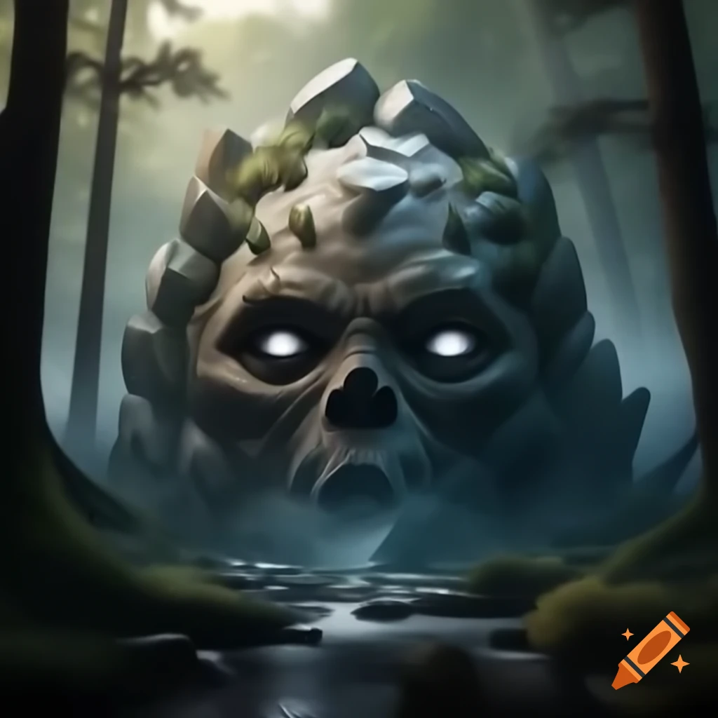 Giant ornate eldritch stone head in forest with black smoke