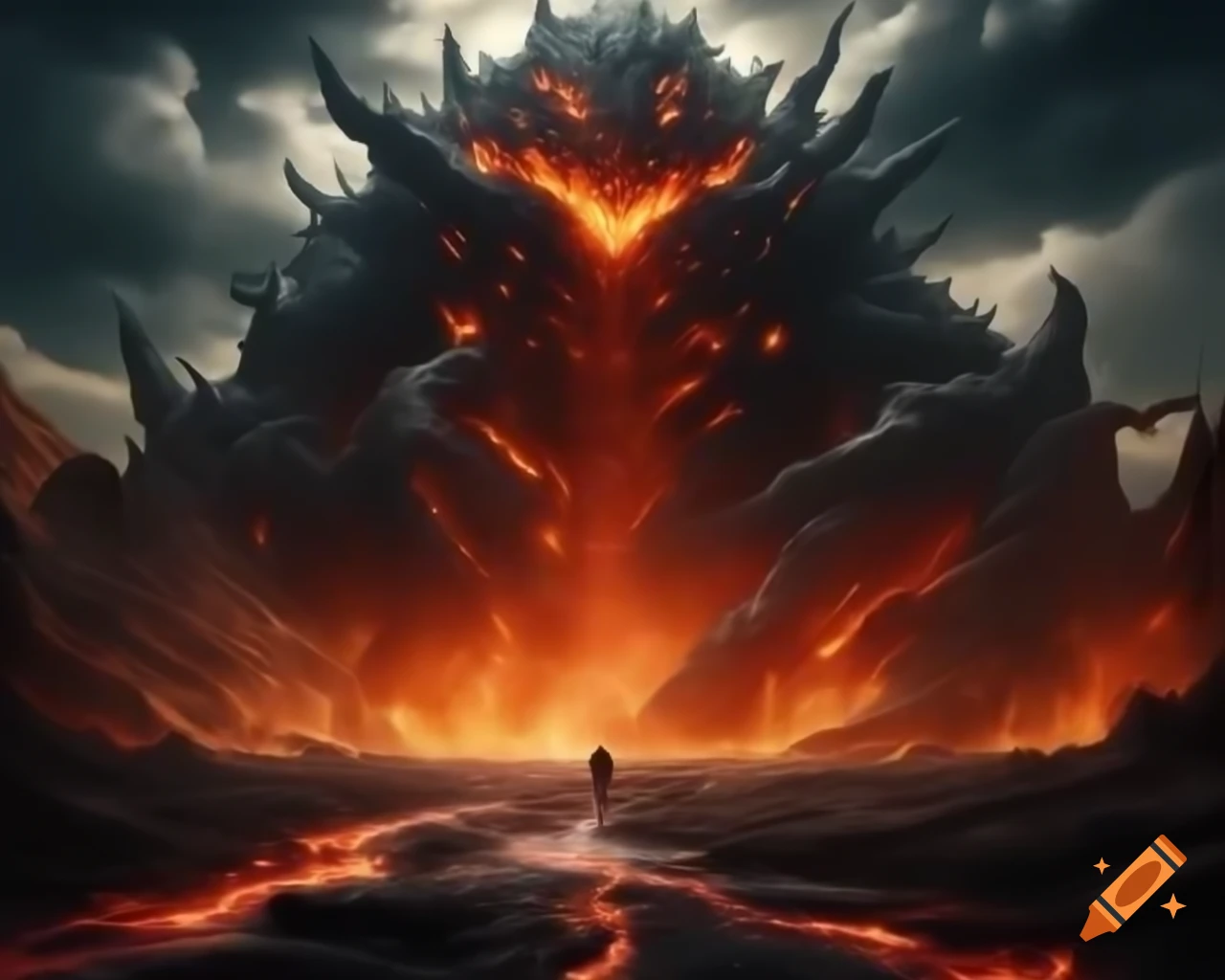 Creepy golem monster emerging from the earth, emitting smoke and lava