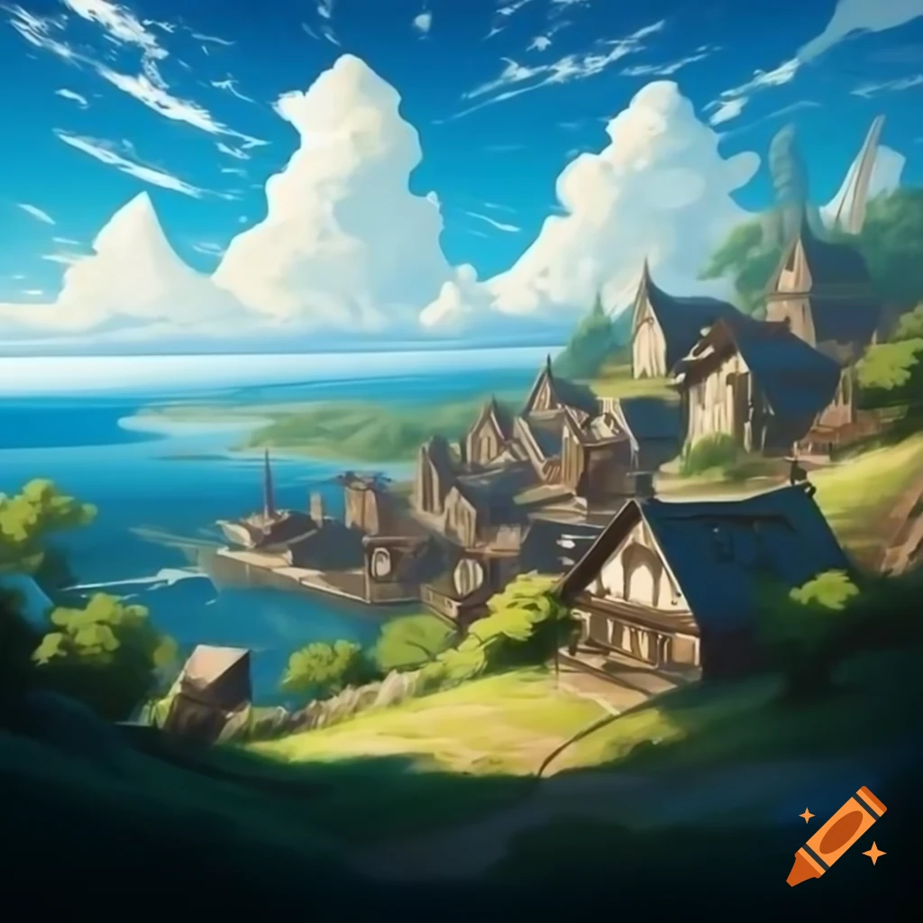 Medieval village by shimmering lake overlooking cerulean ocean, captivating oil painting
