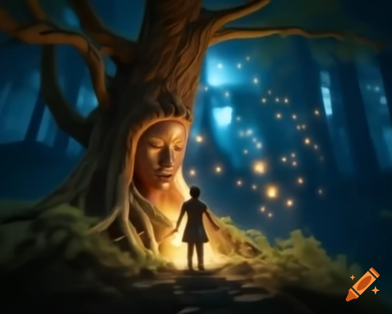 Photorealistic 3D render of fairy standing by tree in forest with raytracing
