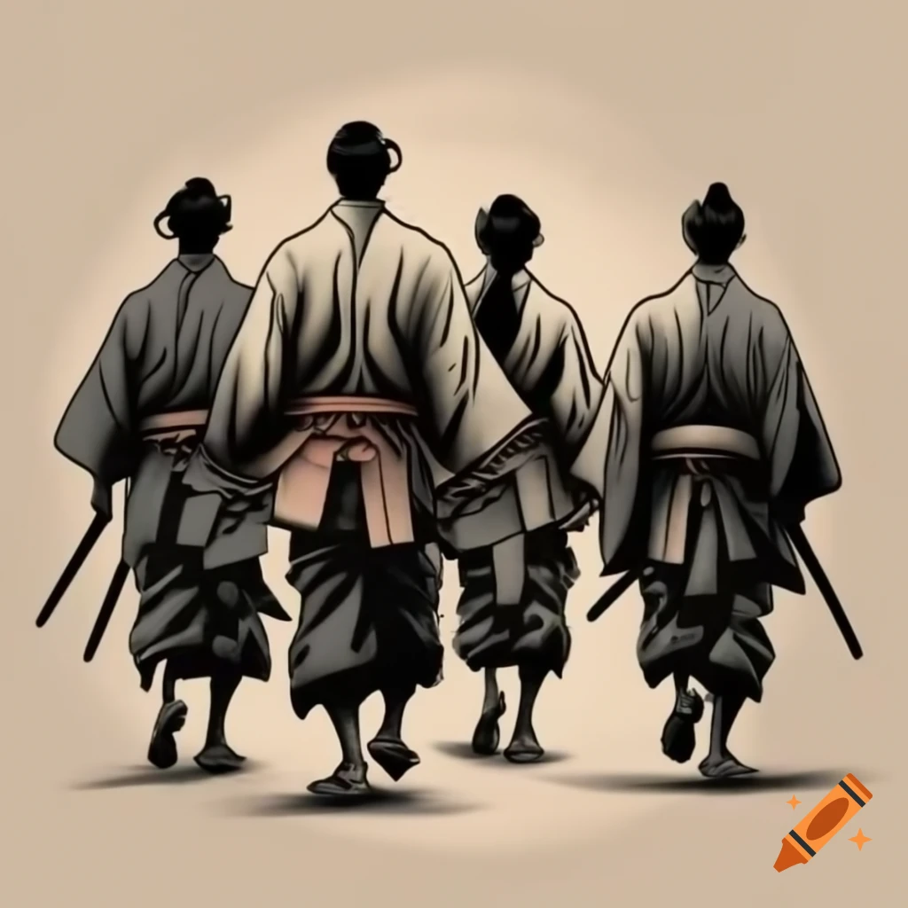 Traditional Japanese painting of ronins resembling Miyamoto Musashi in Vagabond style