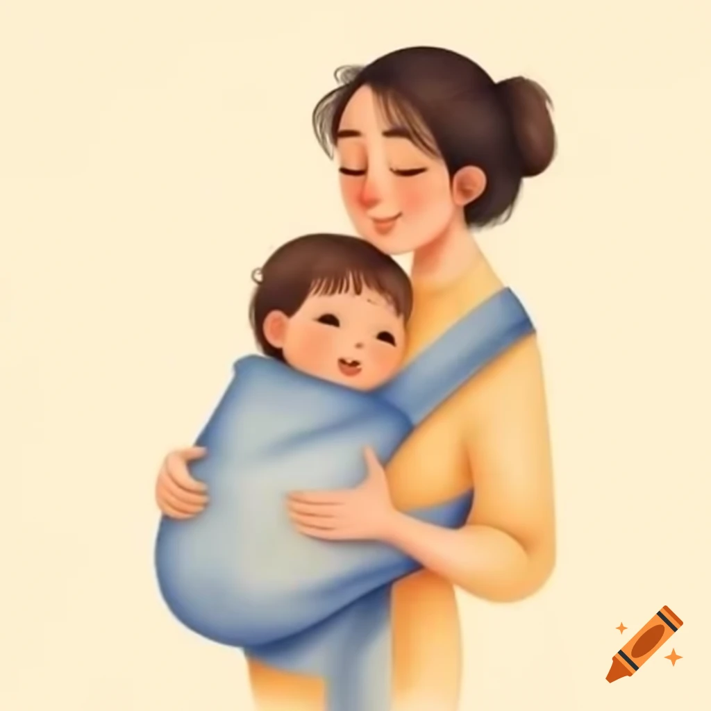 European mother cradling baby in wrap, sharing a joyful moment