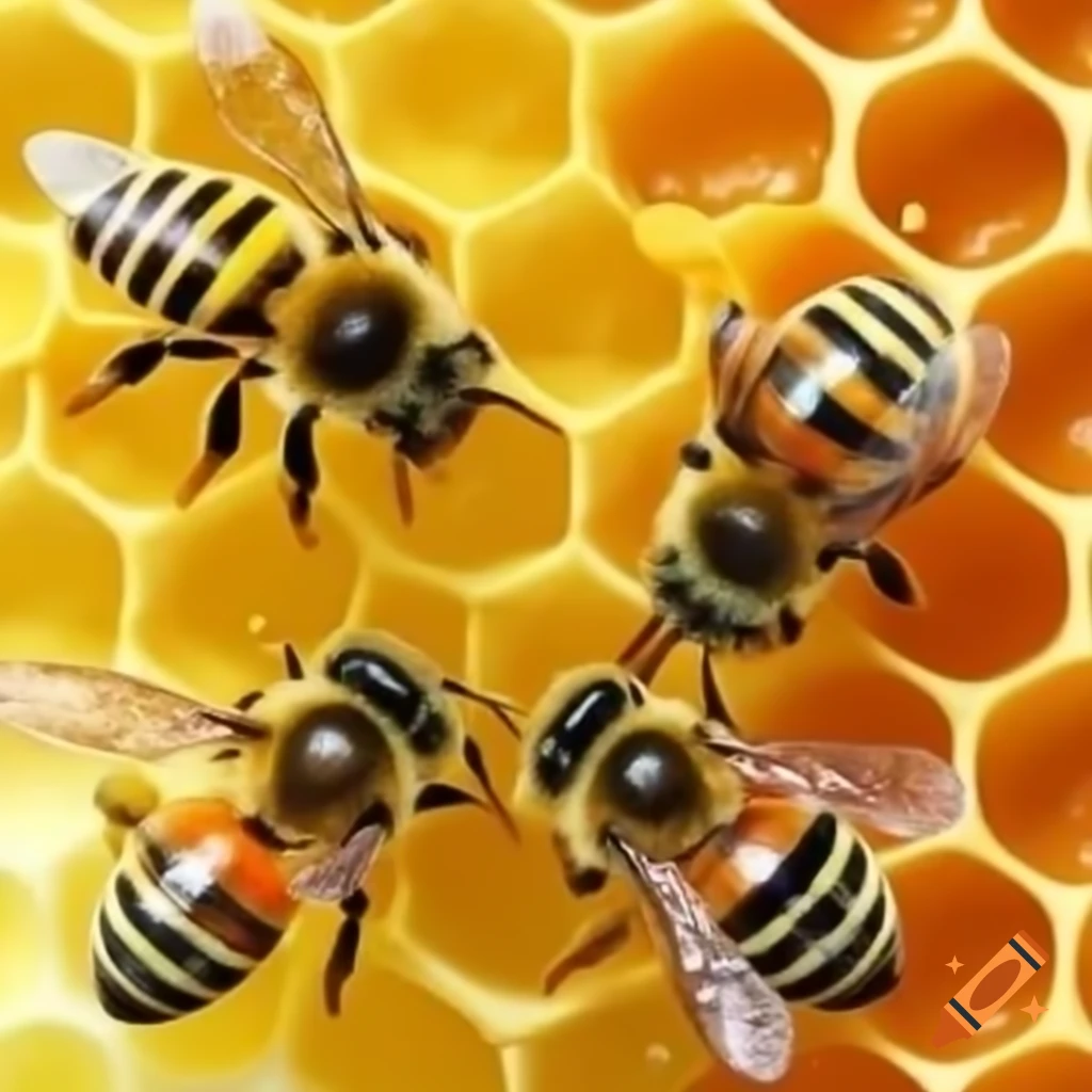 Bees dancing on honeycomb at 45 degrees