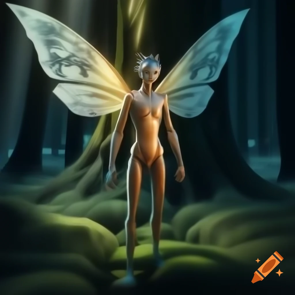 Photorealistic 3D render of a fairy next to a tree in a forest