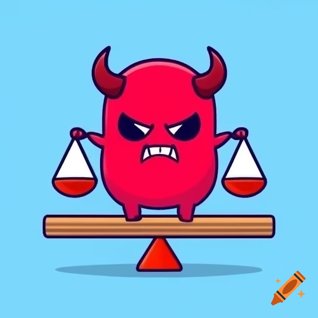 Devil biting balance scale beam, symbolic imagery