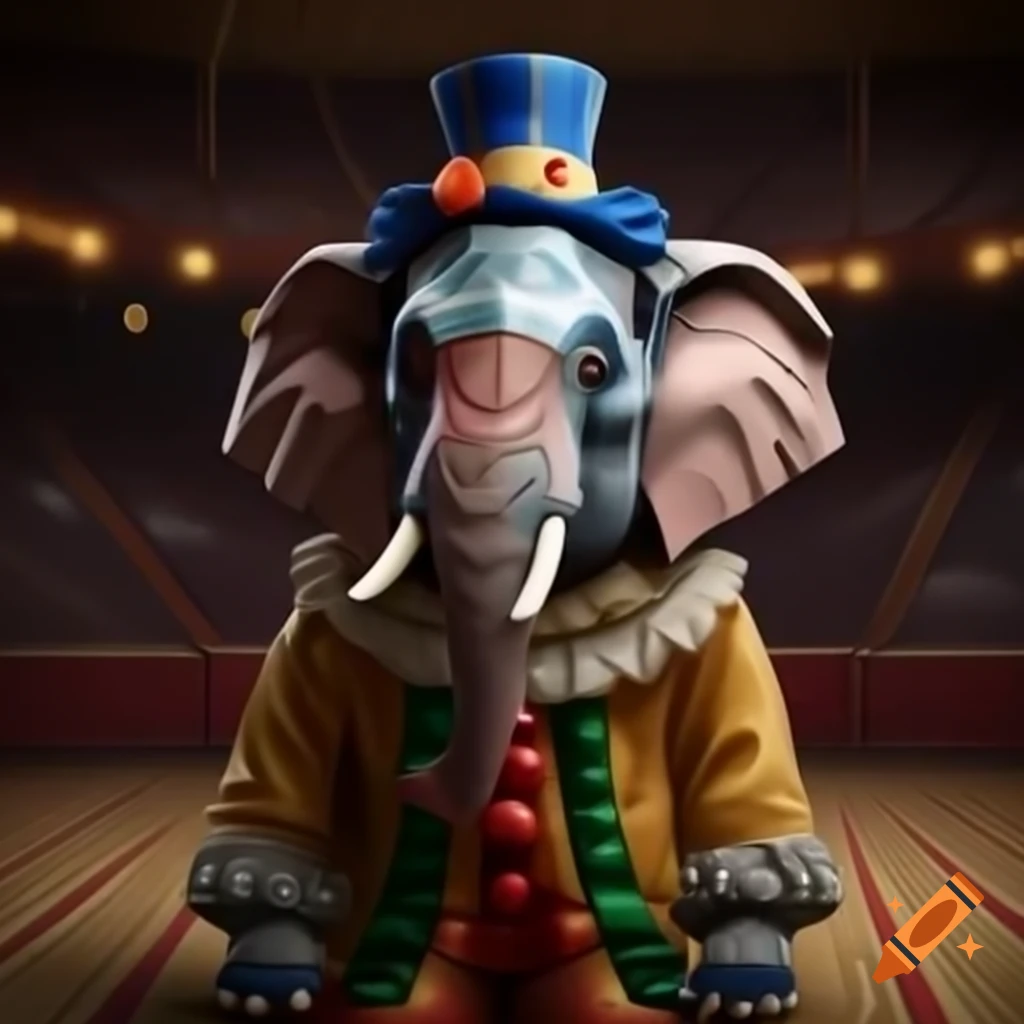 Sad elephant in clown costume performing in circus arena