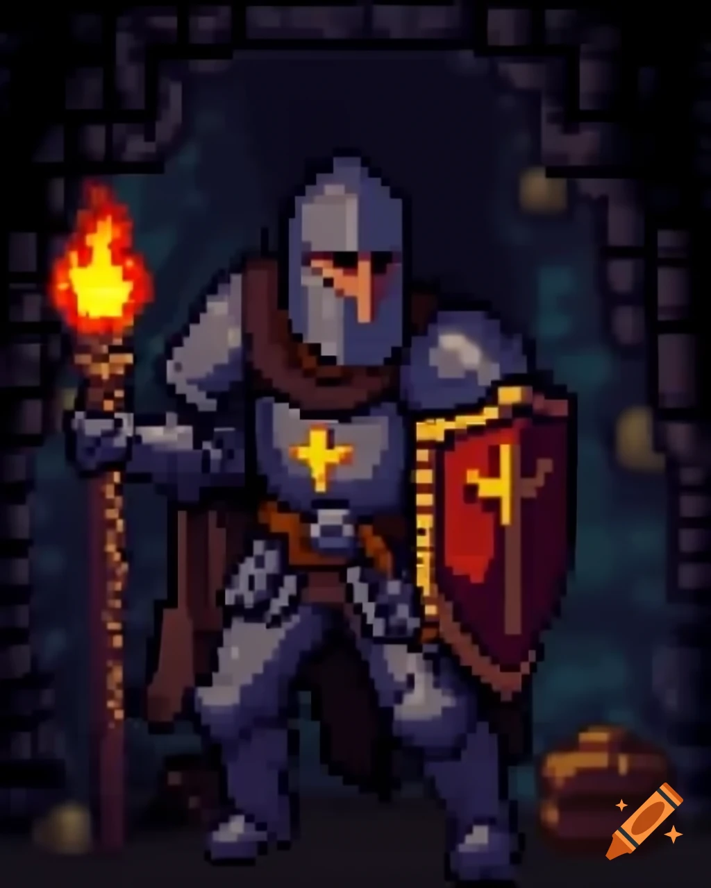 Knight holding torch in a dungeon, pixel art style