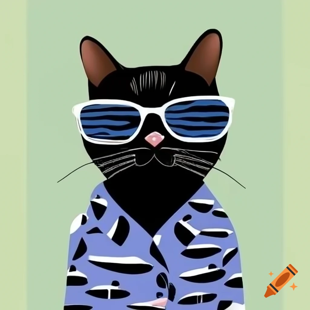 Cartoon of black cat with striped pajamas and sunglasses