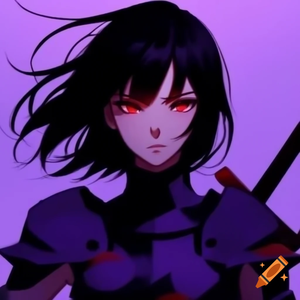 Dark female anime heroine in black armor with purple hair strands and red pupils