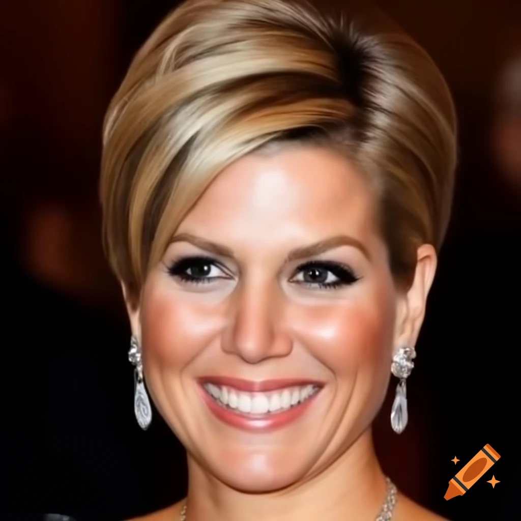 Queen Maxima showcasing short brushed back pixie cut and regal style