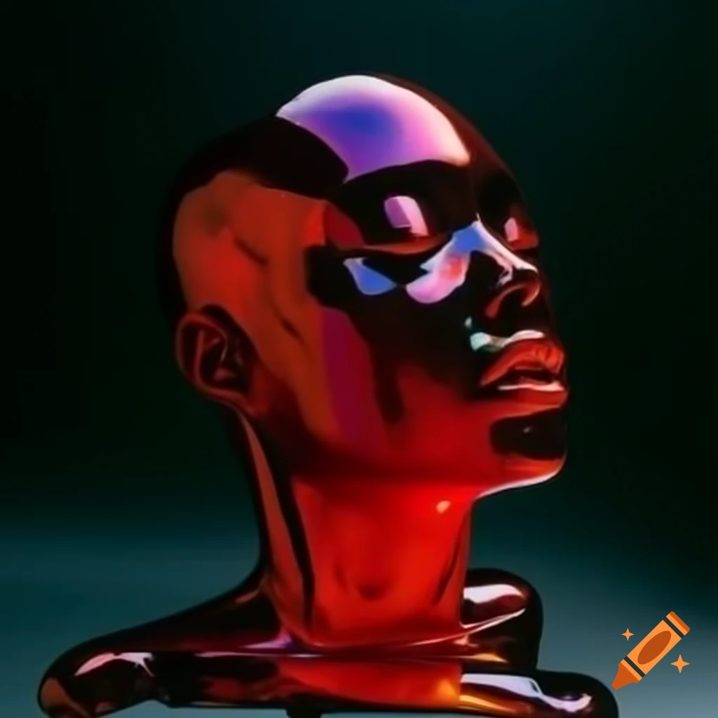 Iridescent red glass statue in pop surreal 2000's photography