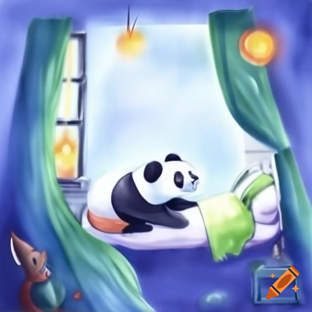 2-year-old panda climbing into cozy bed with blanket and stuffed turtle, starry night view