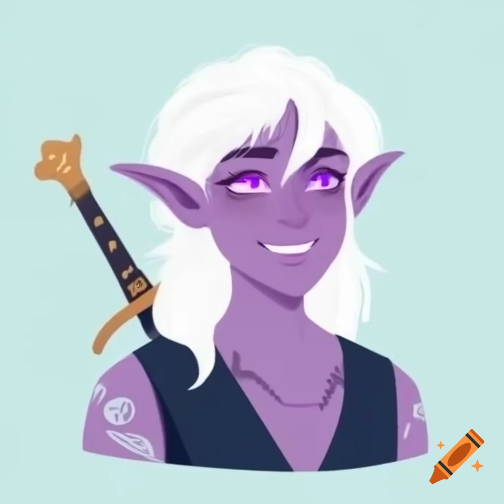 Young male elf with white hair, grey skin, and purple eyes wearing Warlock dress and a sword, featuring a black tattoo near his eye