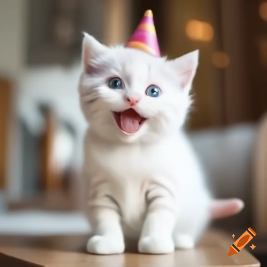 White kitten celebrating birthday with party hat and cake