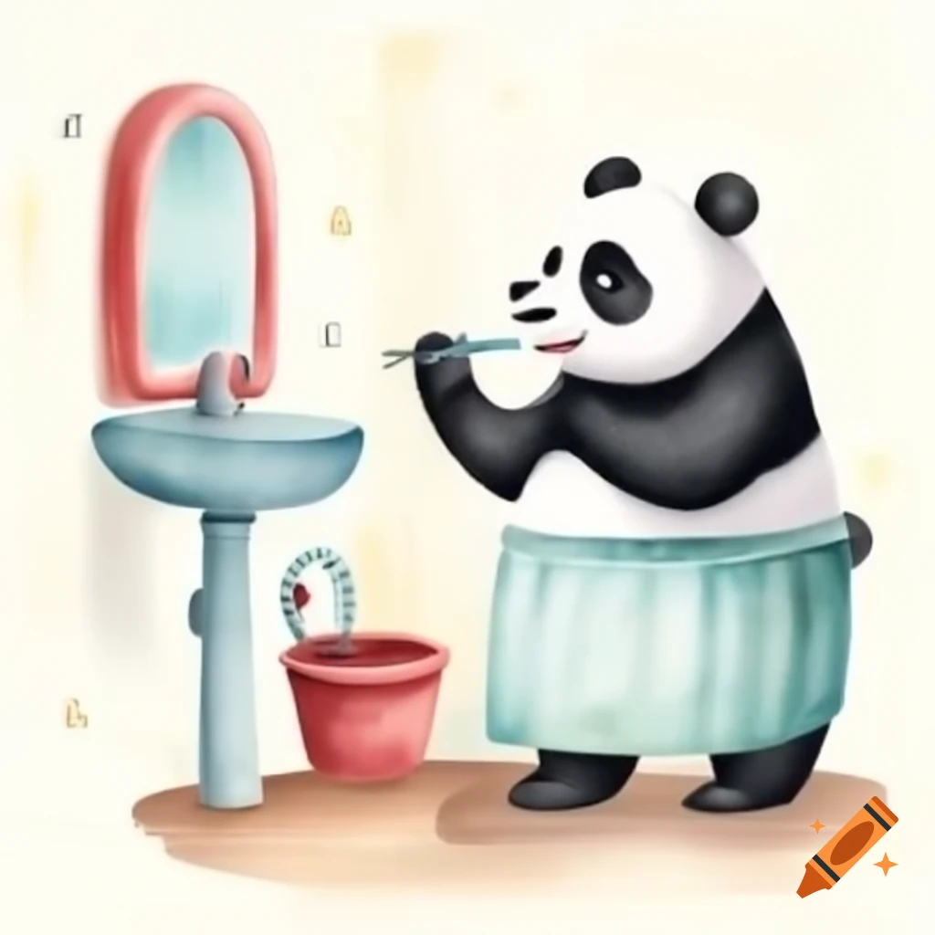 2-year-old panda brushing teeth in calm bathroom
