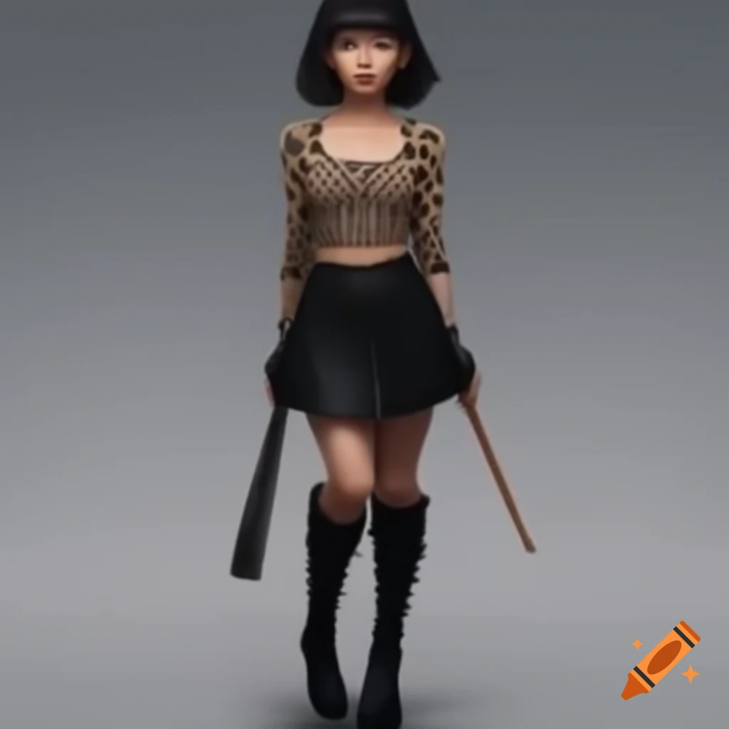 Asian superhero girl in cheetah print top and black skirt with chopsticks in hair