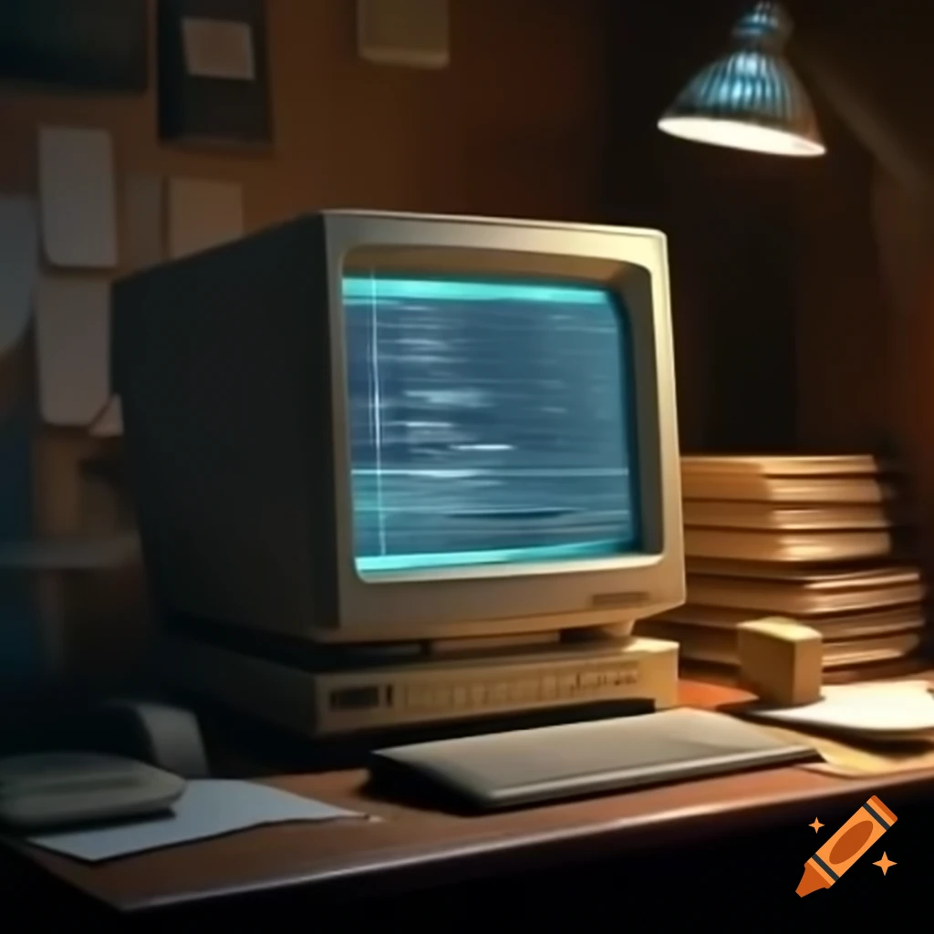 Retro desk with vintage computer, warm lamplight, and stacks of papers and punch cards