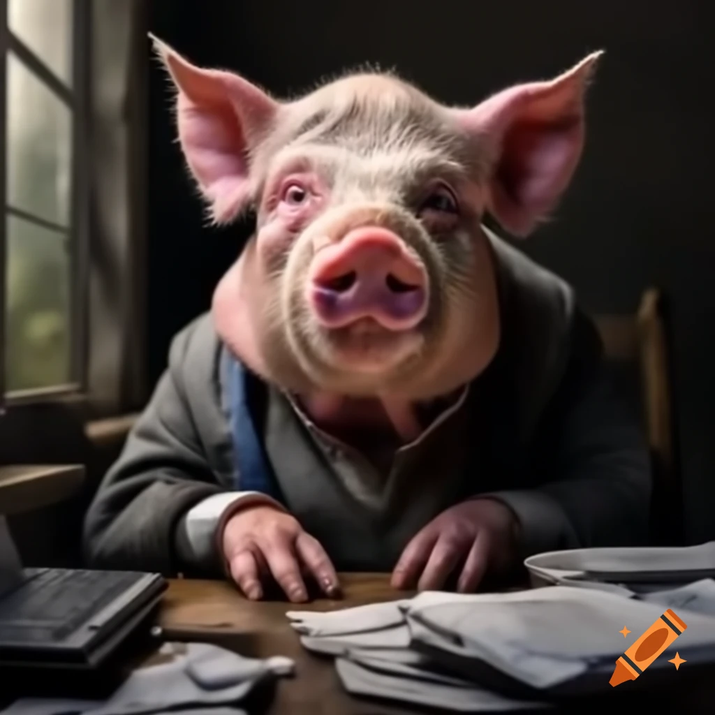 Exhausted pig with scraggly beard sitting at desk with abandoned laptop and crumpled papers