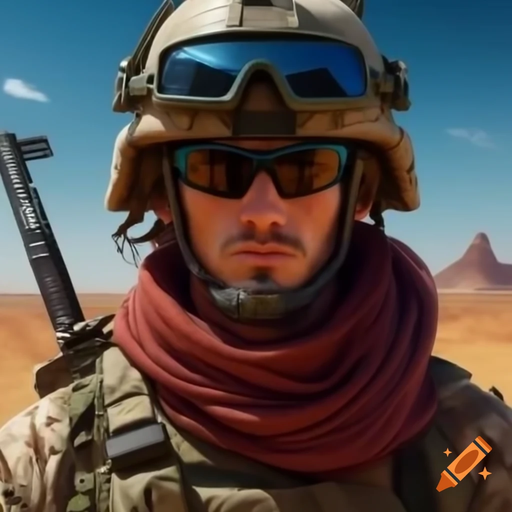 Soldier in desert with modern weapons and red hair wearing a helmet