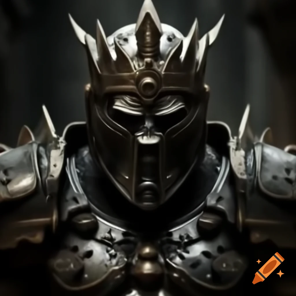 Symmetrical monochrome faceless crowned helmet armored god of war in obsidian onyx