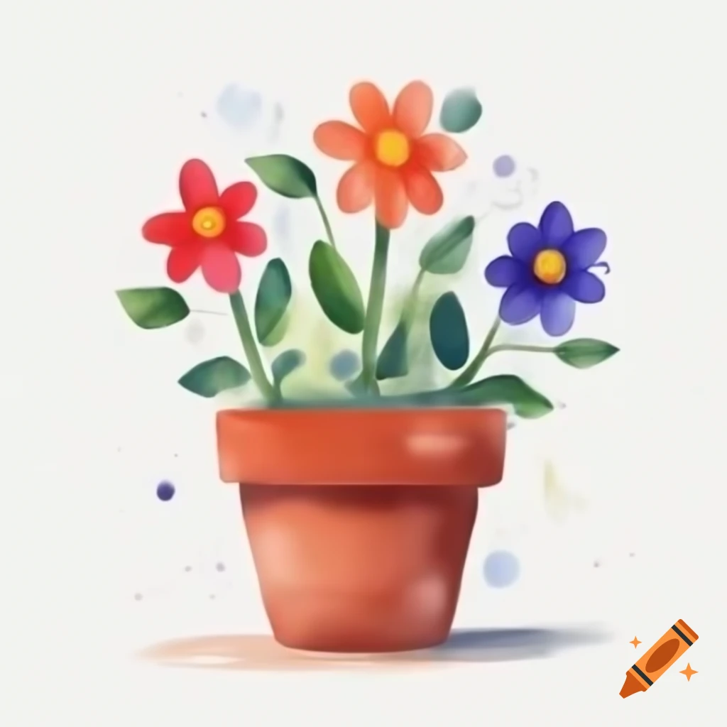 Cartoon-style pot of flowers on white background, watercolor effect