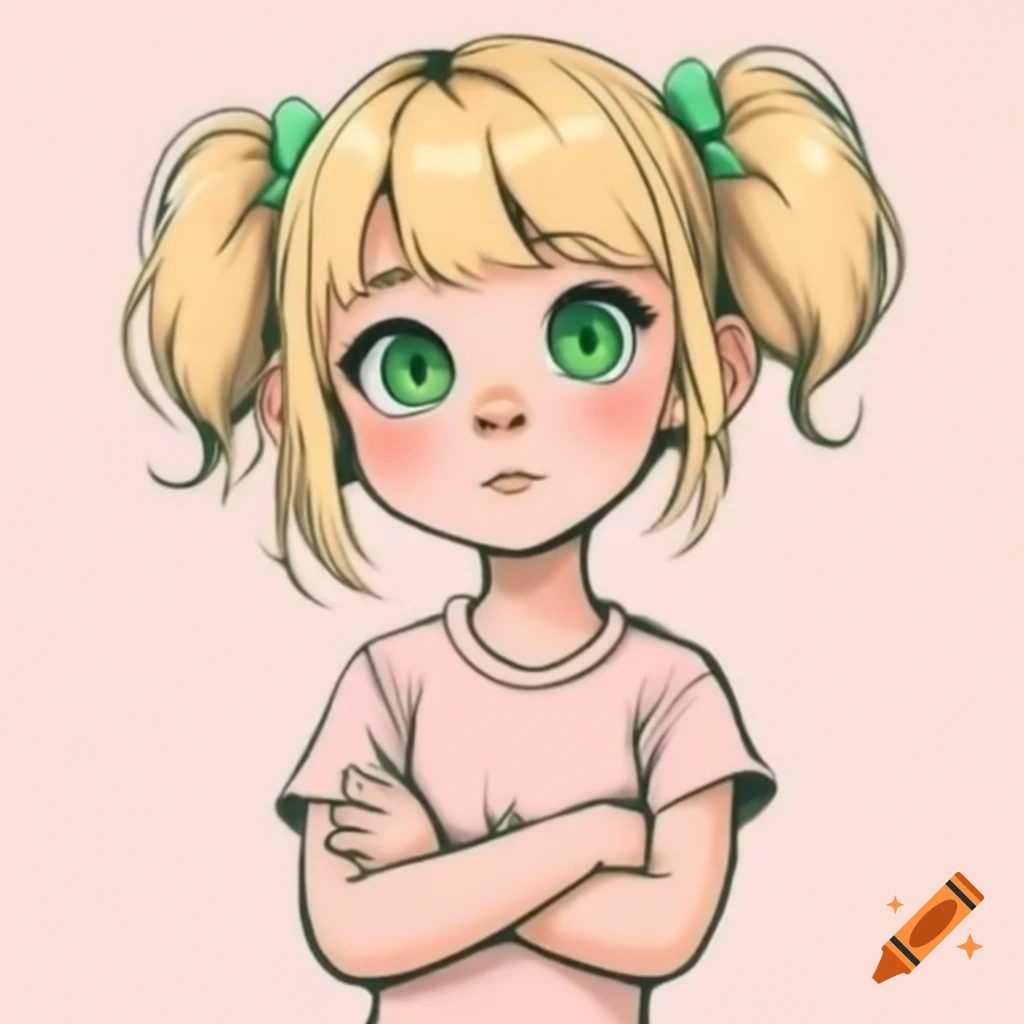 Anime girl with blonde hair and green eyes in light pink sleeveless shirt, arms crossed