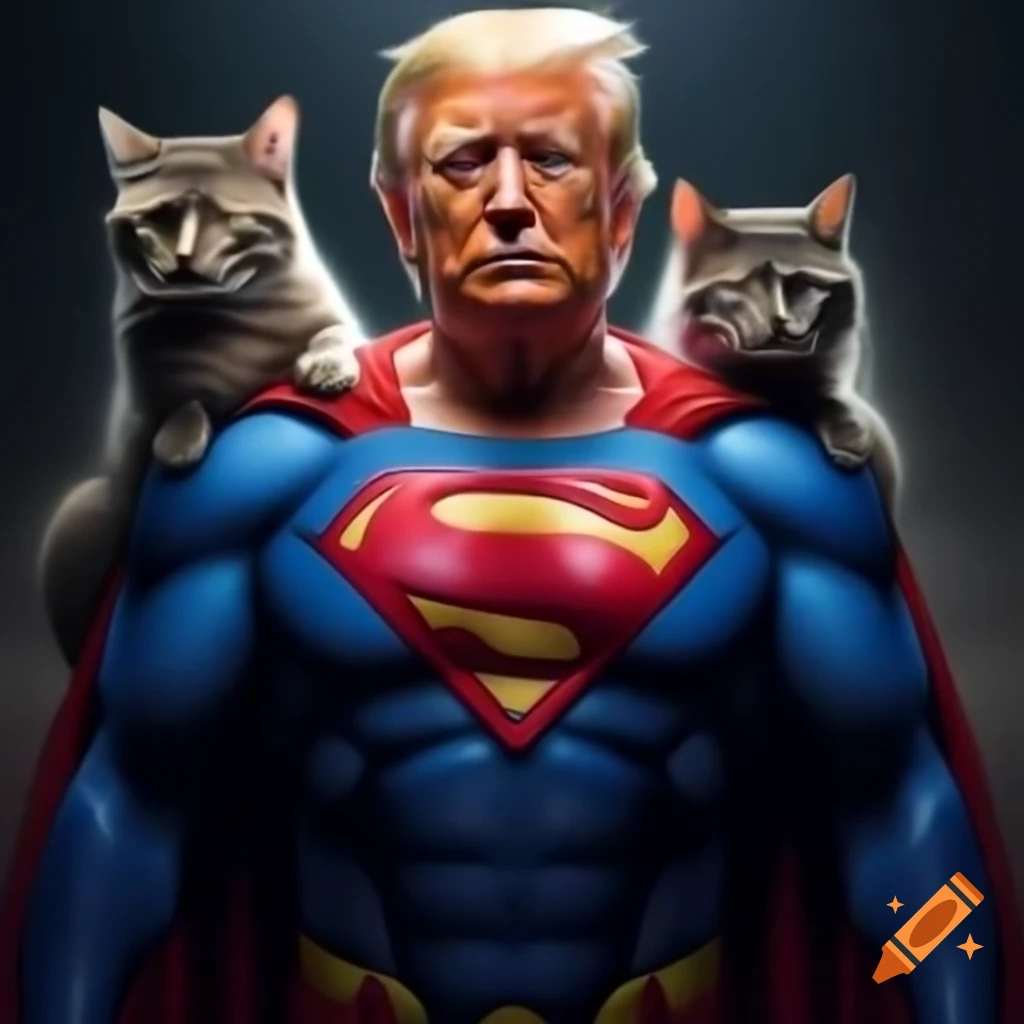 Superman-themed Trump saving a cat, humorous scene